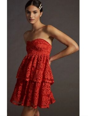Maeve by Anthropologie Mini Strapless Dress Orange Red Small Lace Tiered Tiers